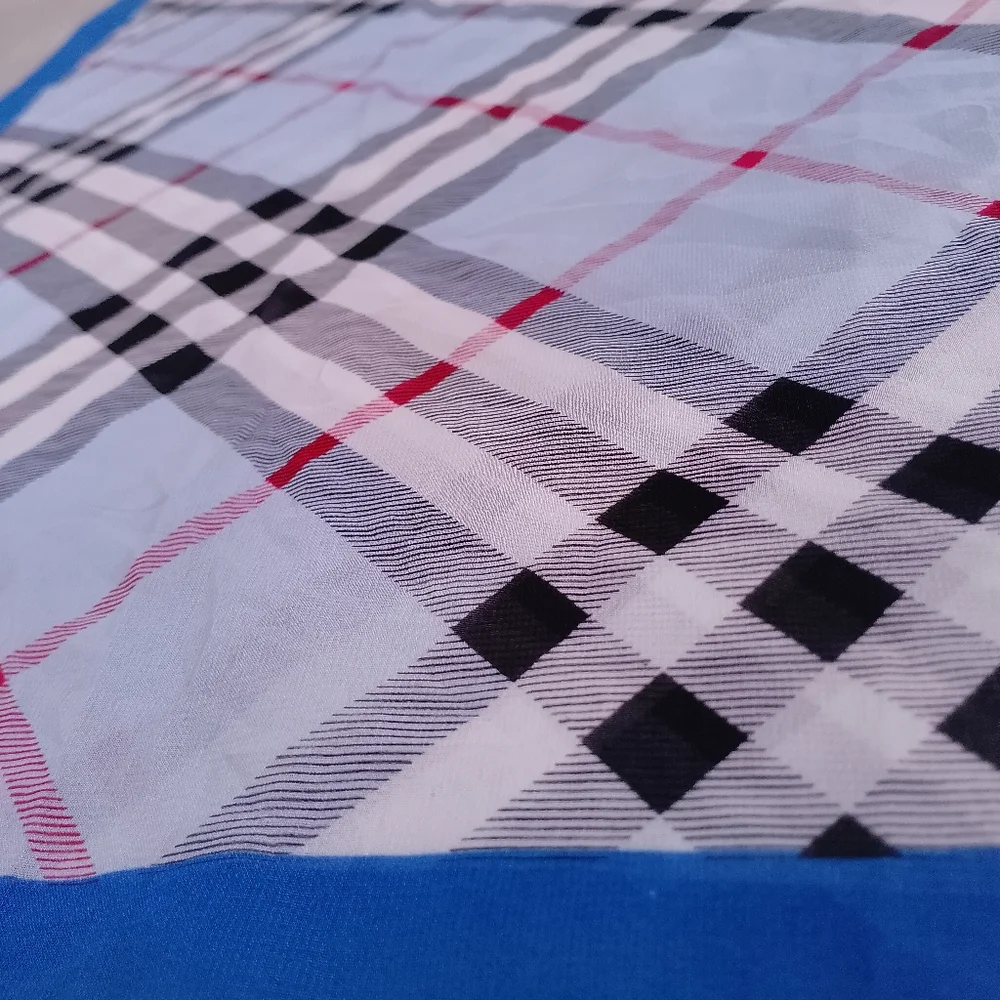 Vintage Burberry Check Handkerchief Scarf Blue Border 60x20 Classic Designer - Picture 6 of 10